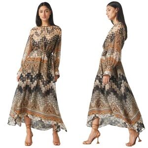 MISA Los Angeles Paloma Geo-Print Chiffon Bishop Sleeve Midi Dress Sz Small NWT